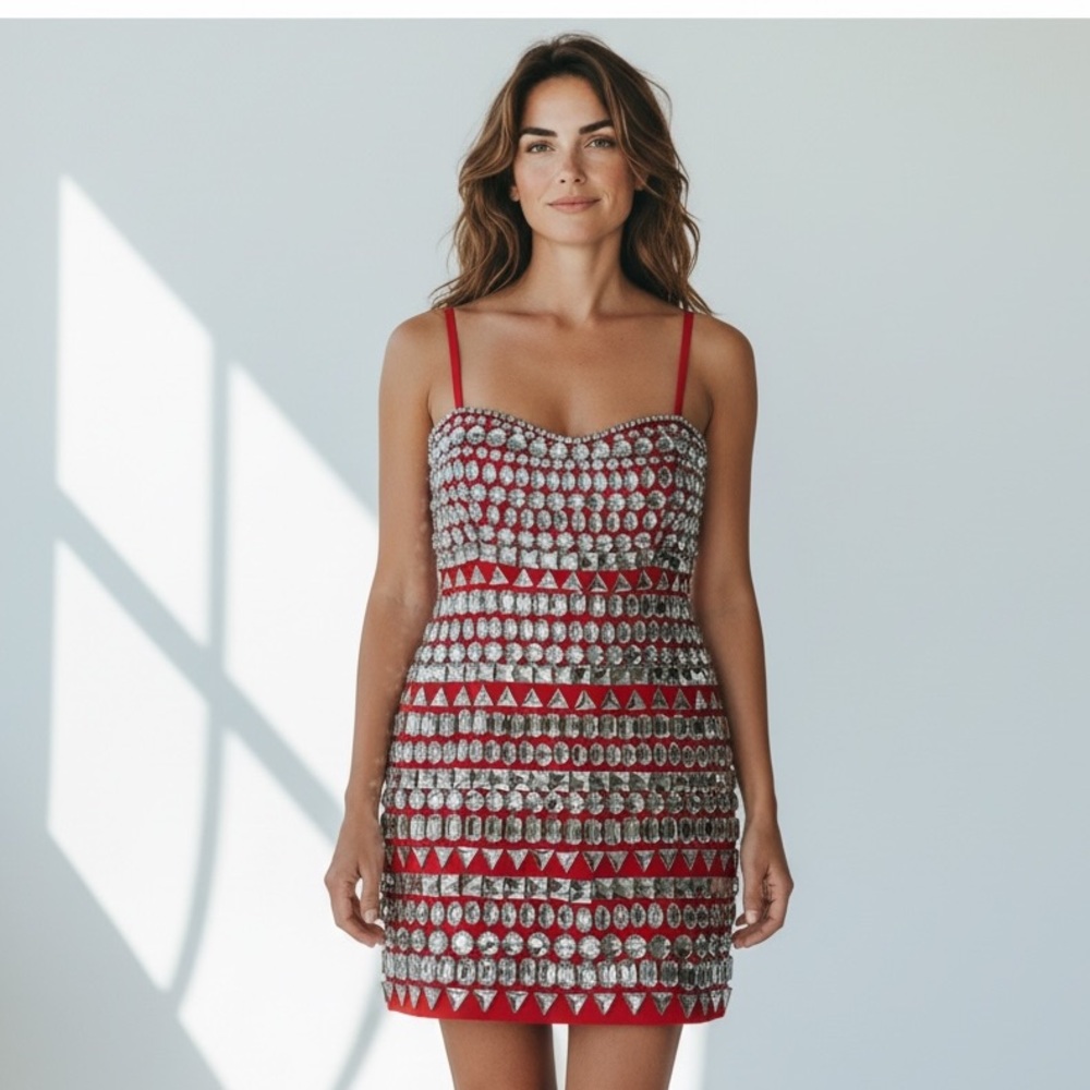 Ladies, orange/red jeweled , spaghetti strap mini dress excellent condition M